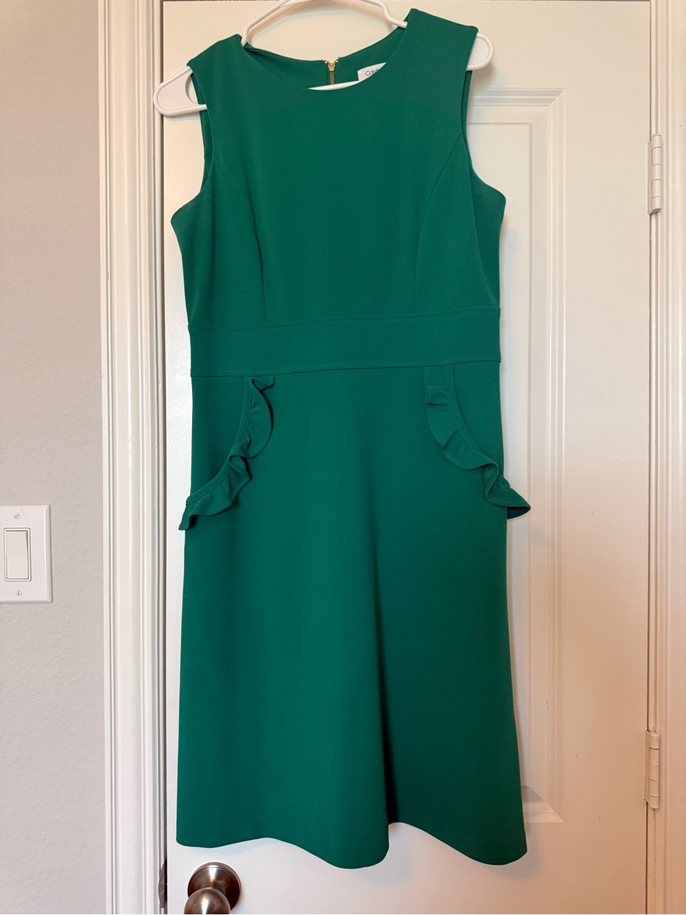 Calvin Klein Emerald Green Sleeveless Ruffle-Pocket Dress